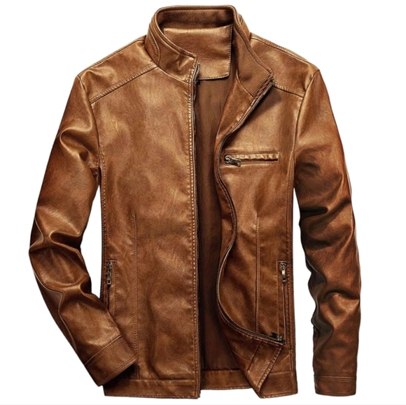 Mens Brown Faux Leather Motorcycle Jacket - Picture 10 of 10
